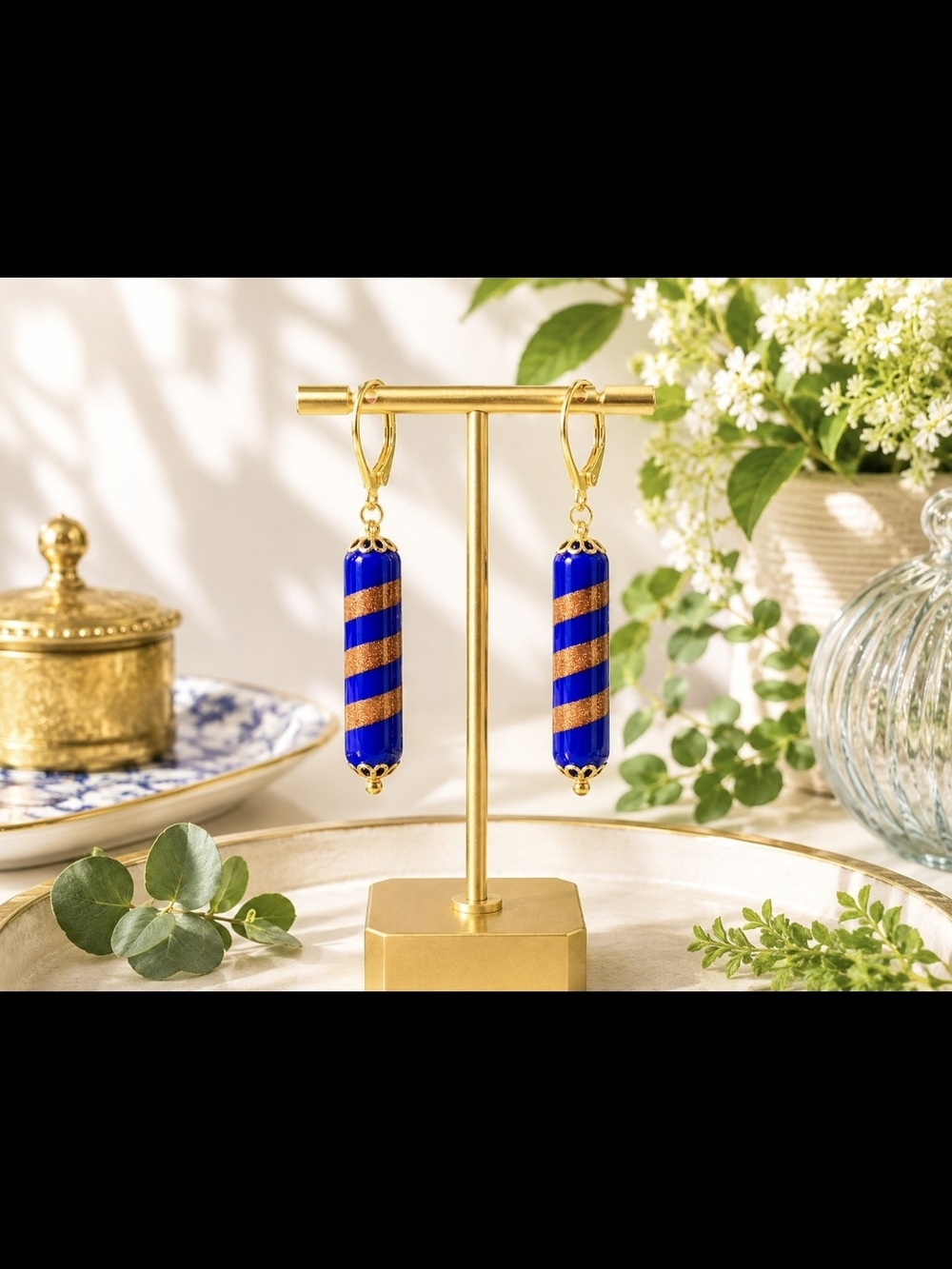 Wedding Cake Gold and Blue Striped Drop Earrings